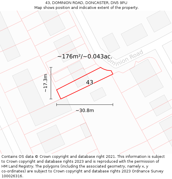43, DOMINION ROAD, DONCASTER, DN5 9PU: Plot and title map