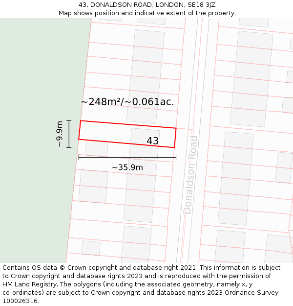 43, DONALDSON ROAD, LONDON, SE18 3JZ: Plot and title map