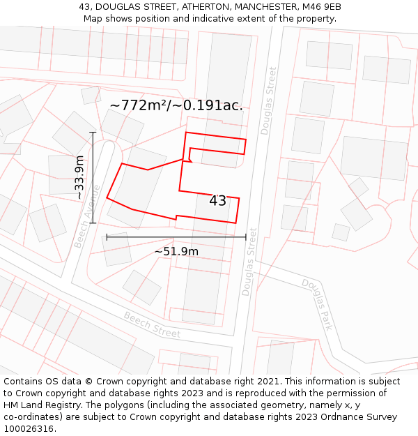 43, DOUGLAS STREET, ATHERTON, MANCHESTER, M46 9EB: Plot and title map
