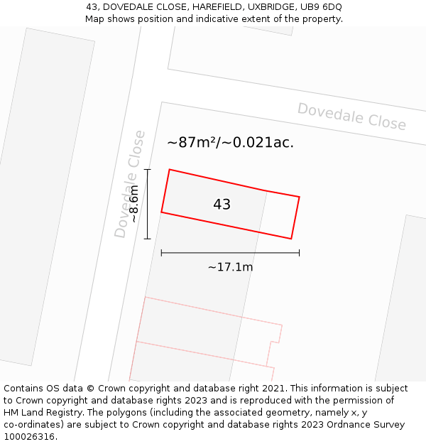43, DOVEDALE CLOSE, HAREFIELD, UXBRIDGE, UB9 6DQ: Plot and title map