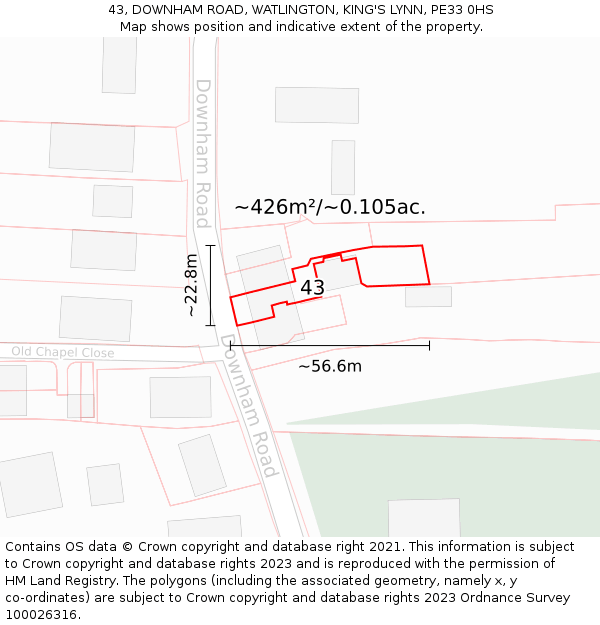43, DOWNHAM ROAD, WATLINGTON, KING'S LYNN, PE33 0HS: Plot and title map