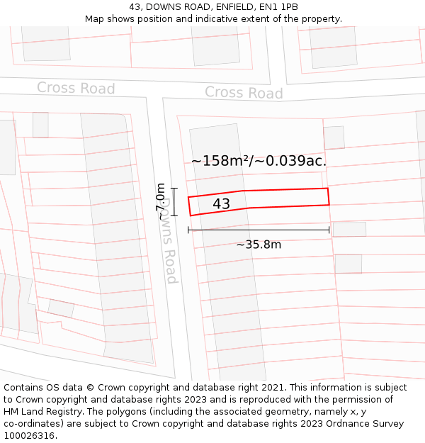 43, DOWNS ROAD, ENFIELD, EN1 1PB: Plot and title map