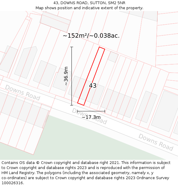 43, DOWNS ROAD, SUTTON, SM2 5NR: Plot and title map