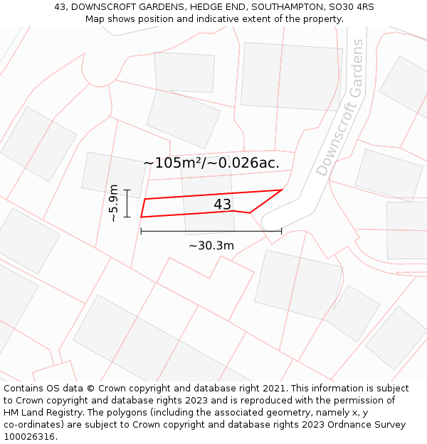 43, DOWNSCROFT GARDENS, HEDGE END, SOUTHAMPTON, SO30 4RS: Plot and title map