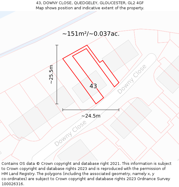 43, DOWNY CLOSE, QUEDGELEY, GLOUCESTER, GL2 4GF: Plot and title map