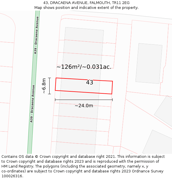 43, DRACAENA AVENUE, FALMOUTH, TR11 2EG: Plot and title map