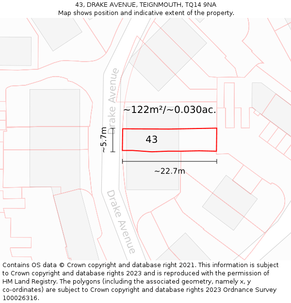 43, DRAKE AVENUE, TEIGNMOUTH, TQ14 9NA: Plot and title map