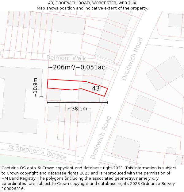 43, DROITWICH ROAD, WORCESTER, WR3 7HX: Plot and title map