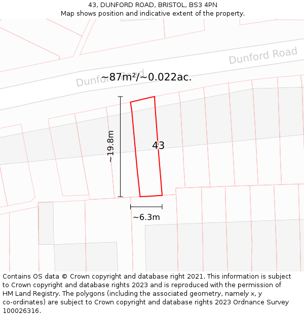 43, DUNFORD ROAD, BRISTOL, BS3 4PN: Plot and title map