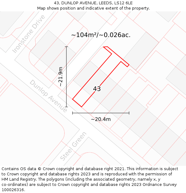 43, DUNLOP AVENUE, LEEDS, LS12 6LE: Plot and title map