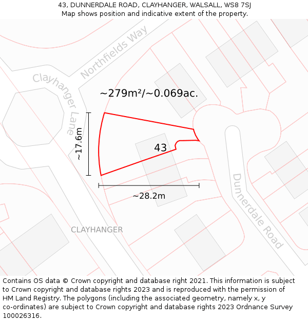 43, DUNNERDALE ROAD, CLAYHANGER, WALSALL, WS8 7SJ: Plot and title map