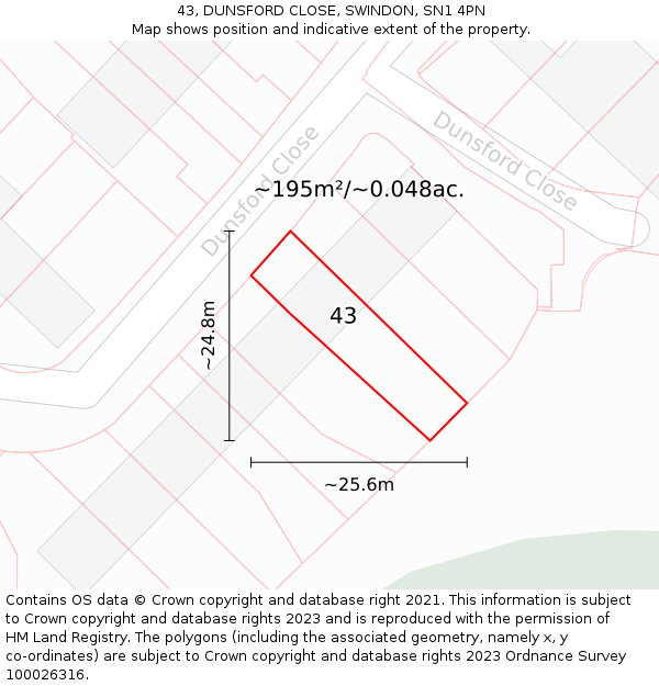 43, DUNSFORD CLOSE, SWINDON, SN1 4PN: Plot and title map