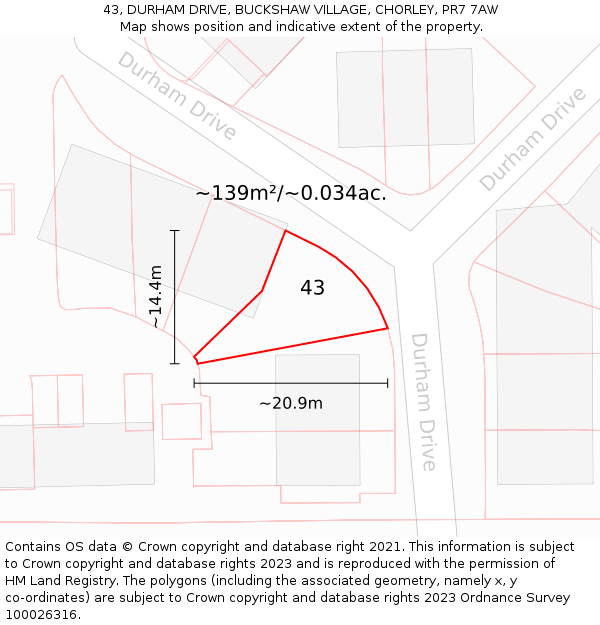 43, DURHAM DRIVE, BUCKSHAW VILLAGE, CHORLEY, PR7 7AW: Plot and title map