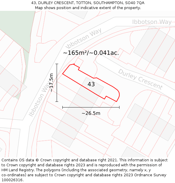 43, DURLEY CRESCENT, TOTTON, SOUTHAMPTON, SO40 7QA: Plot and title map