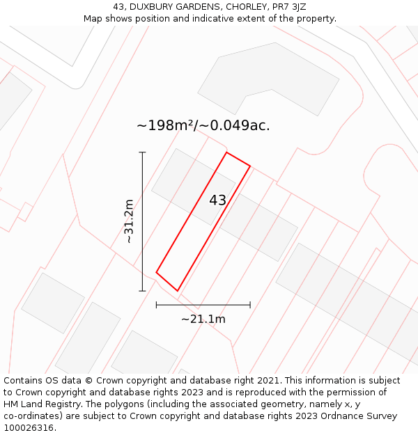 43, DUXBURY GARDENS, CHORLEY, PR7 3JZ: Plot and title map