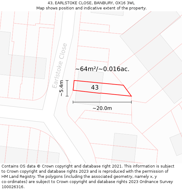 43, EARLSTOKE CLOSE, BANBURY, OX16 3WL: Plot and title map