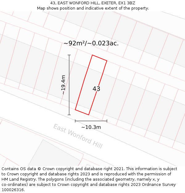 43, EAST WONFORD HILL, EXETER, EX1 3BZ: Plot and title map