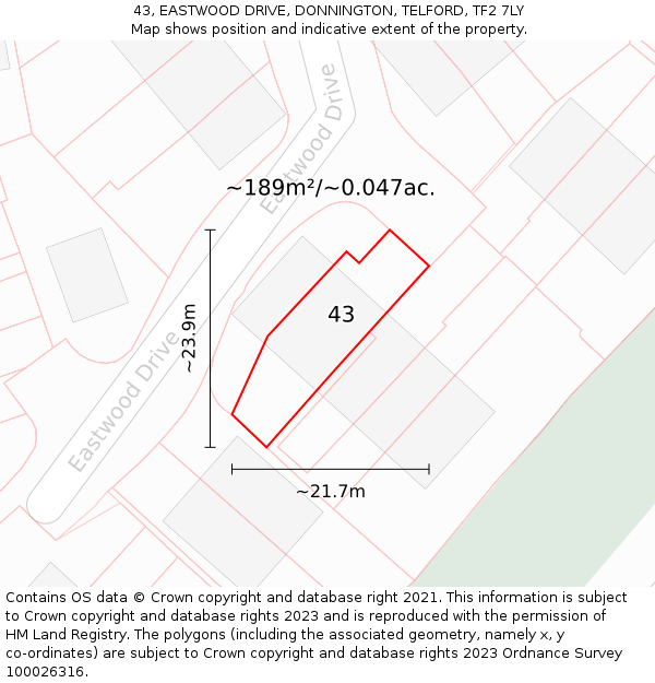 43, EASTWOOD DRIVE, DONNINGTON, TELFORD, TF2 7LY: Plot and title map