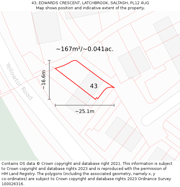 43, EDWARDS CRESCENT, LATCHBROOK, SALTASH, PL12 4UG: Plot and title map
