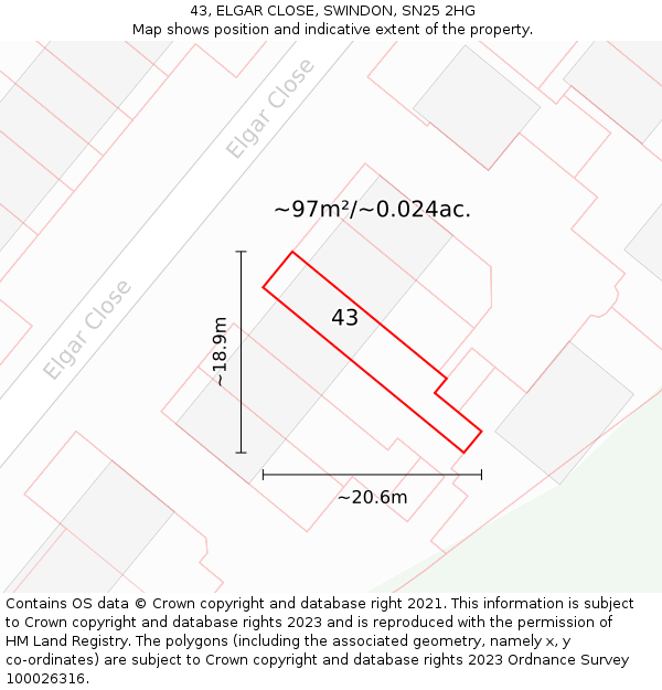 43, ELGAR CLOSE, SWINDON, SN25 2HG: Plot and title map