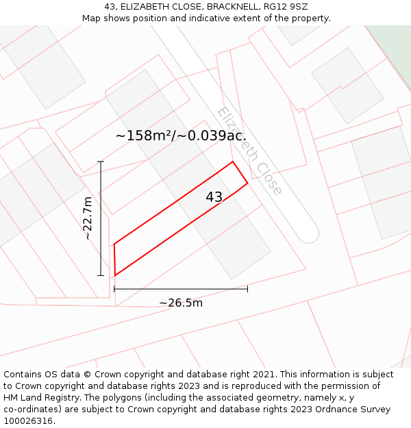 43, ELIZABETH CLOSE, BRACKNELL, RG12 9SZ: Plot and title map
