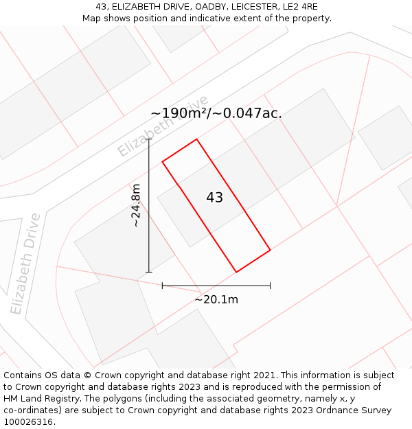 43, ELIZABETH DRIVE, OADBY, LEICESTER, LE2 4RE: Plot and title map