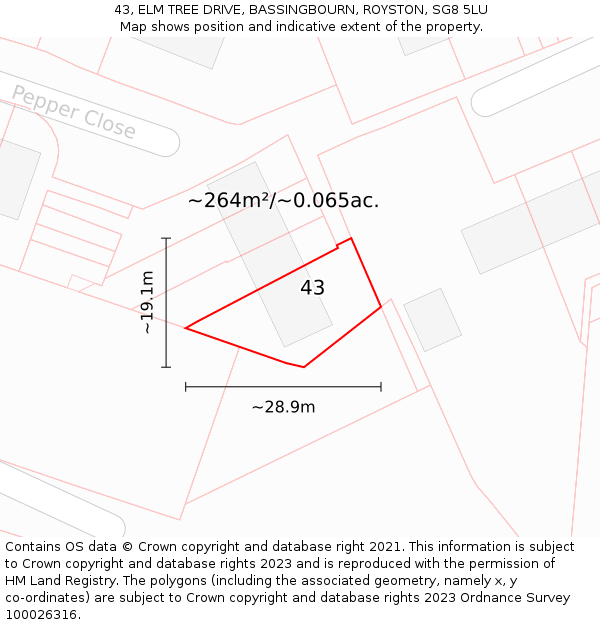 43, ELM TREE DRIVE, BASSINGBOURN, ROYSTON, SG8 5LU: Plot and title map