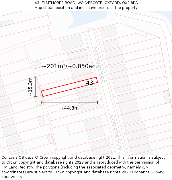43, ELMTHORPE ROAD, WOLVERCOTE, OXFORD, OX2 8PA: Plot and title map