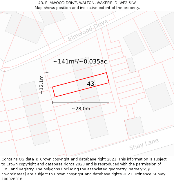 43, ELMWOOD DRIVE, WALTON, WAKEFIELD, WF2 6LW: Plot and title map
