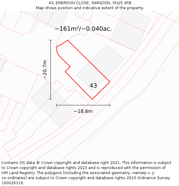 43, EMERSON CLOSE, SWINDON, SN25 4FB: Plot and title map
