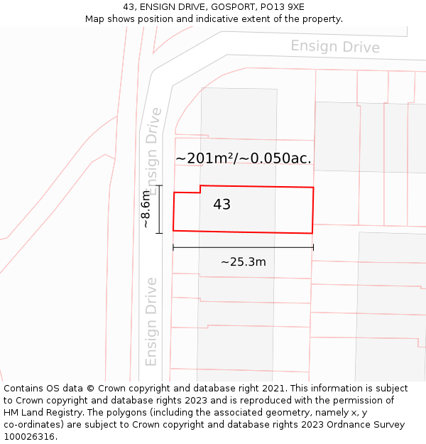 43, ENSIGN DRIVE, GOSPORT, PO13 9XE: Plot and title map