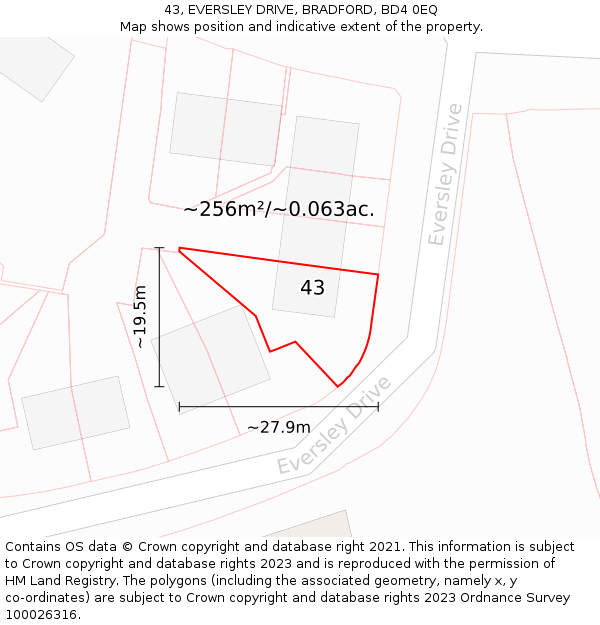 43, EVERSLEY DRIVE, BRADFORD, BD4 0EQ: Plot and title map