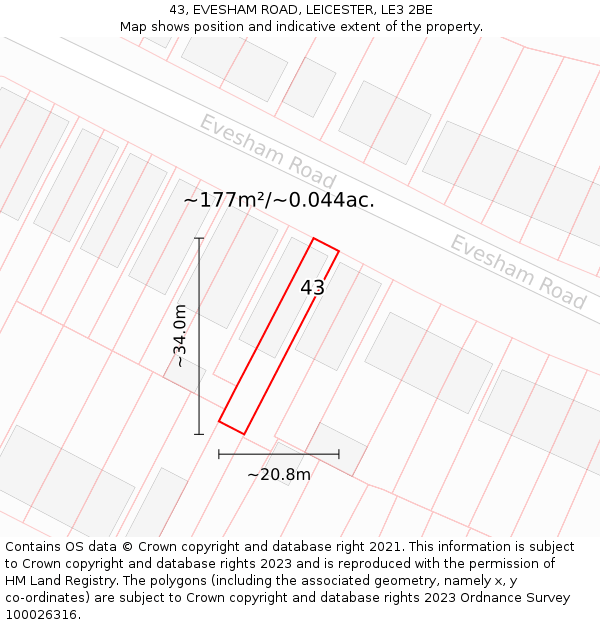 43, EVESHAM ROAD, LEICESTER, LE3 2BE: Plot and title map