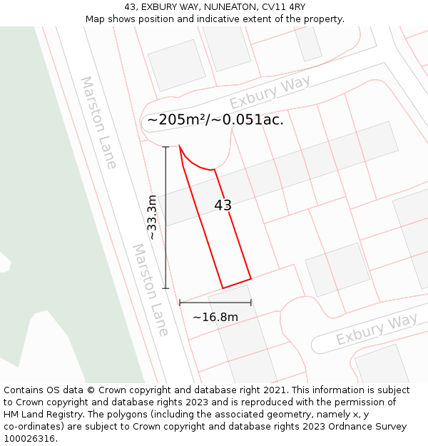 43, EXBURY WAY, NUNEATON, CV11 4RY: Plot and title map