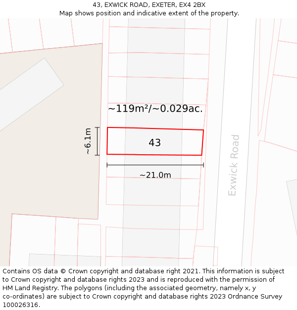 43, EXWICK ROAD, EXETER, EX4 2BX: Plot and title map