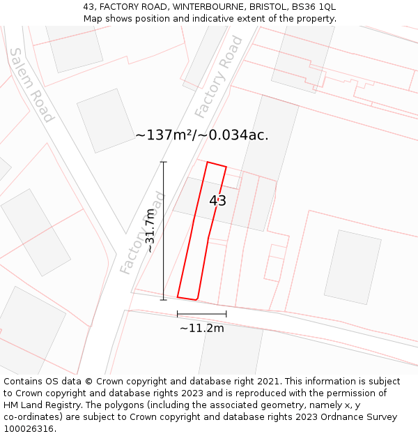 43, FACTORY ROAD, WINTERBOURNE, BRISTOL, BS36 1QL: Plot and title map