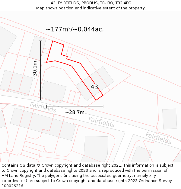 43, FAIRFIELDS, PROBUS, TRURO, TR2 4FG: Plot and title map