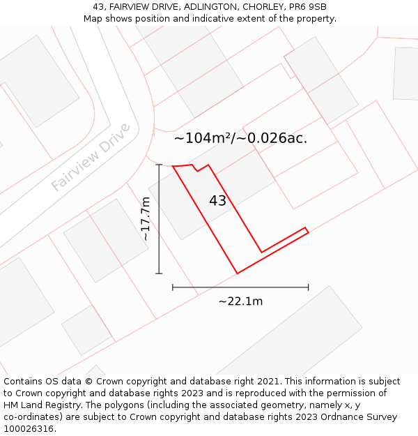 43, FAIRVIEW DRIVE, ADLINGTON, CHORLEY, PR6 9SB: Plot and title map