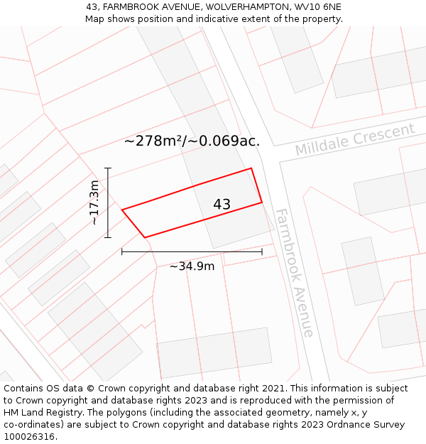 43, FARMBROOK AVENUE, WOLVERHAMPTON, WV10 6NE: Plot and title map