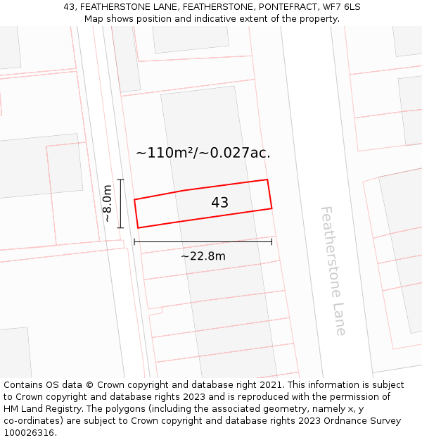 43, FEATHERSTONE LANE, FEATHERSTONE, PONTEFRACT, WF7 6LS: Plot and title map