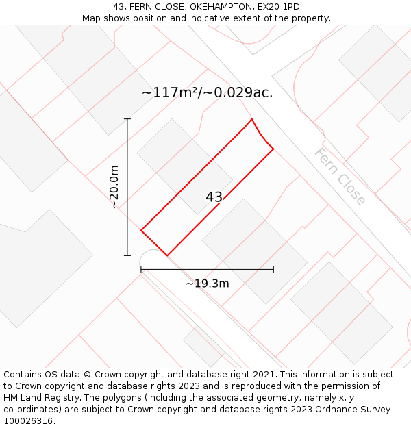 43, FERN CLOSE, OKEHAMPTON, EX20 1PD: Plot and title map