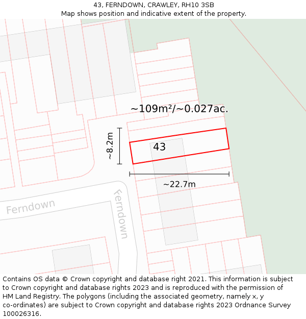 43, FERNDOWN, CRAWLEY, RH10 3SB: Plot and title map