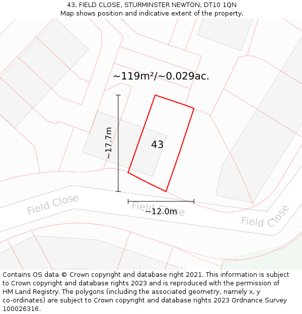 43, FIELD CLOSE, STURMINSTER NEWTON, DT10 1QN: Plot and title map