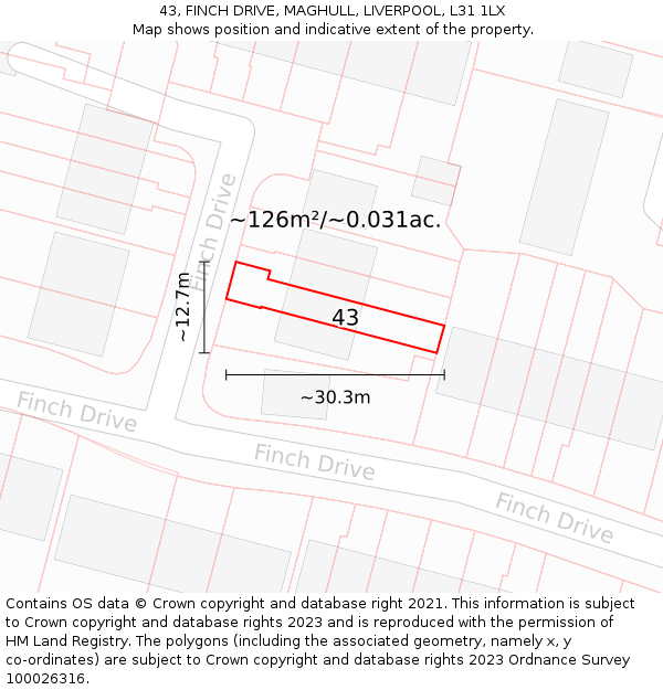 43, FINCH DRIVE, MAGHULL, LIVERPOOL, L31 1LX: Plot and title map
