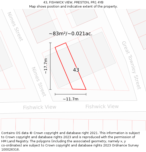43, FISHWICK VIEW, PRESTON, PR1 4YB: Plot and title map
