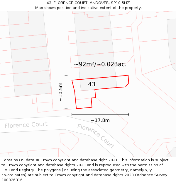 43, FLORENCE COURT, ANDOVER, SP10 5HZ: Plot and title map