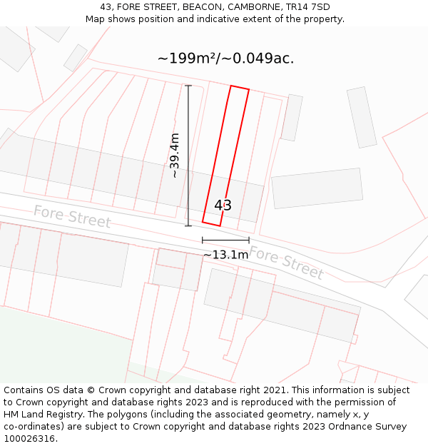 43, FORE STREET, BEACON, CAMBORNE, TR14 7SD: Plot and title map