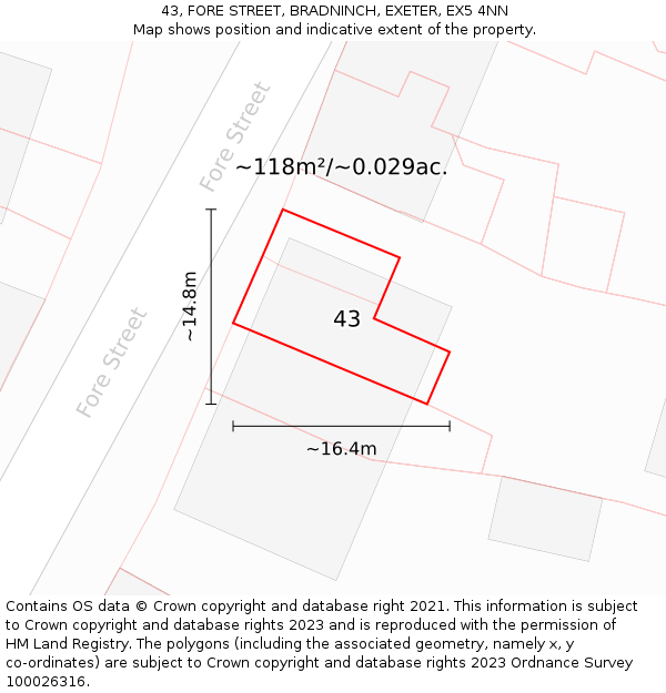 43, FORE STREET, BRADNINCH, EXETER, EX5 4NN: Plot and title map