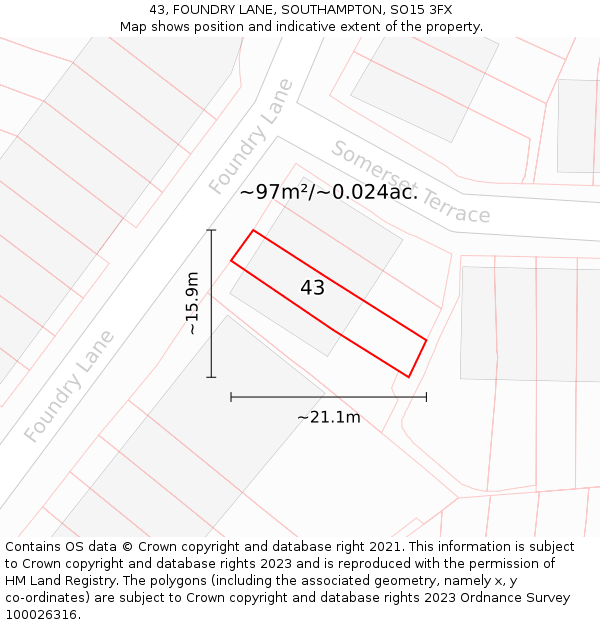 43, FOUNDRY LANE, SOUTHAMPTON, SO15 3FX: Plot and title map