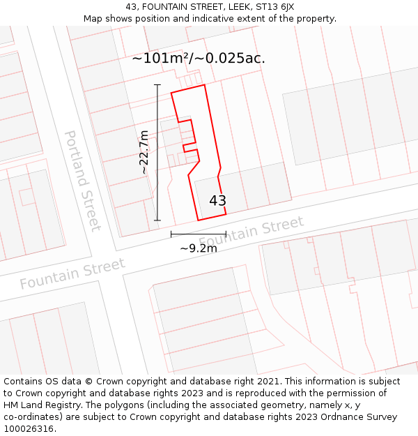 43, FOUNTAIN STREET, LEEK, ST13 6JX: Plot and title map